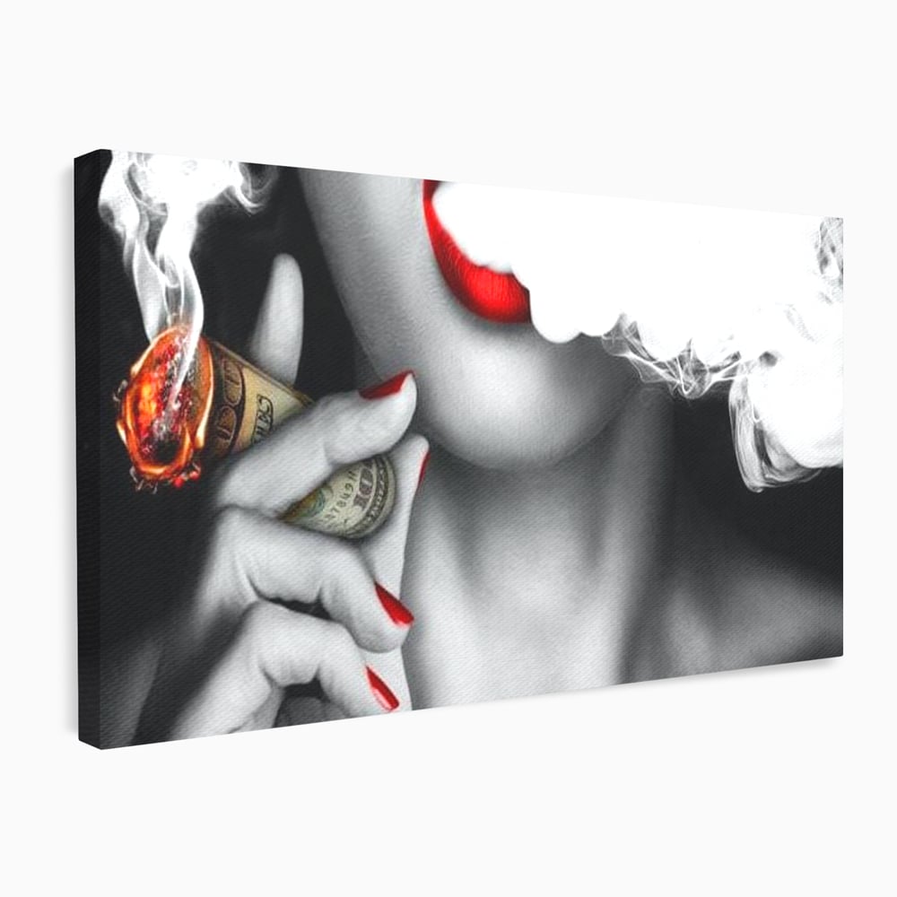 Tablou canvas cu tablou canvas cu buze rosii si tigara de bani, fara rama, pe sasiu de lemn
